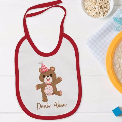 Kişiye Özel Sevimli Ayı Tasarımlı Kırmızı Bebek Mama Önlüğü